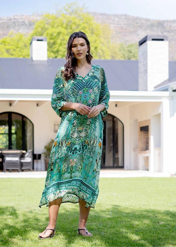 Iconic Sea Breeze Collection - Gloria Dress with Tucked Sleeve Detail in Seagreen Print