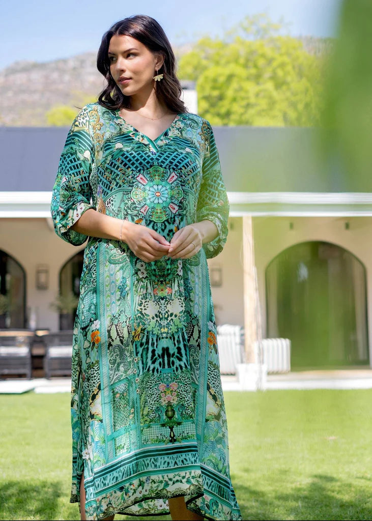 Iconic Sea Breeze Collection - Gloria Dress with Tucked Sleeve Detail in Seagreen Print