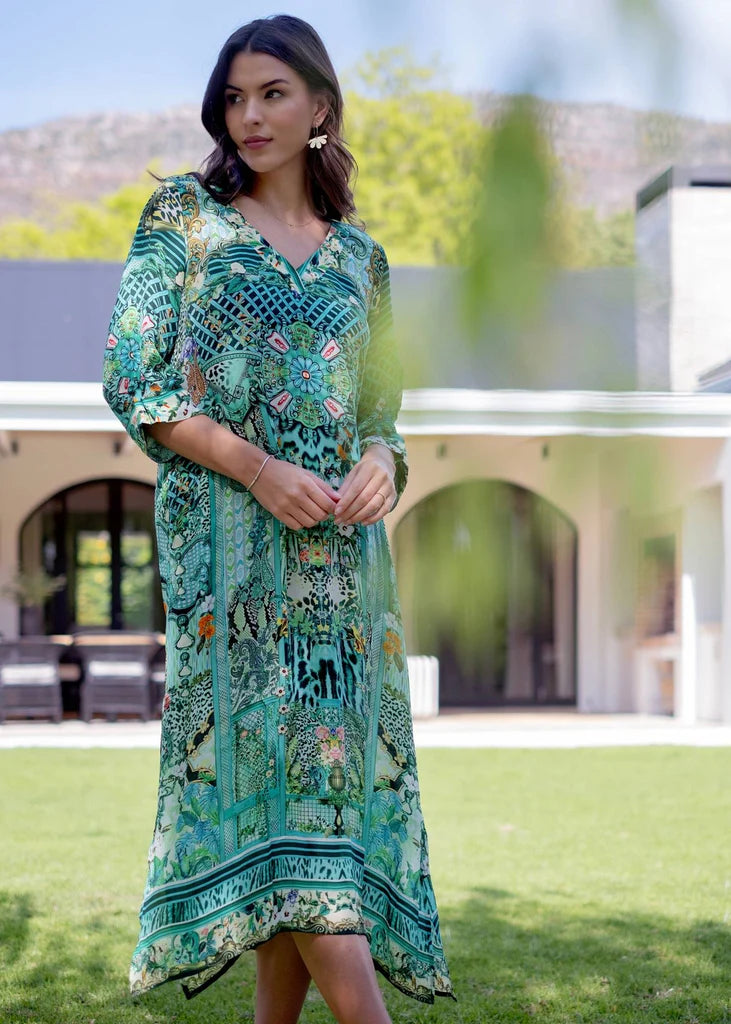 Iconic Sea Breeze Collection - Gloria Dress with Tucked Sleeve Detail in Seagreen Print