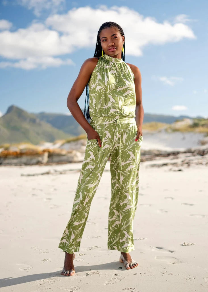 Iconic - Halterneck Jumpsuit Green and White Wide leg