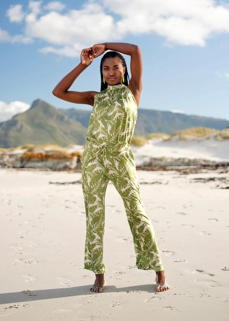 Iconic - Halterneck Jumpsuit Green and White Wide leg