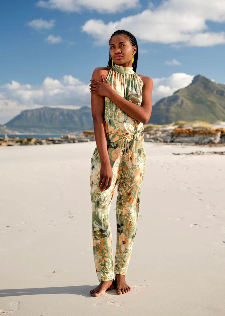 Iconic - Halterneck Jumpsuit Olive and Coral Flowers Narrow Leg