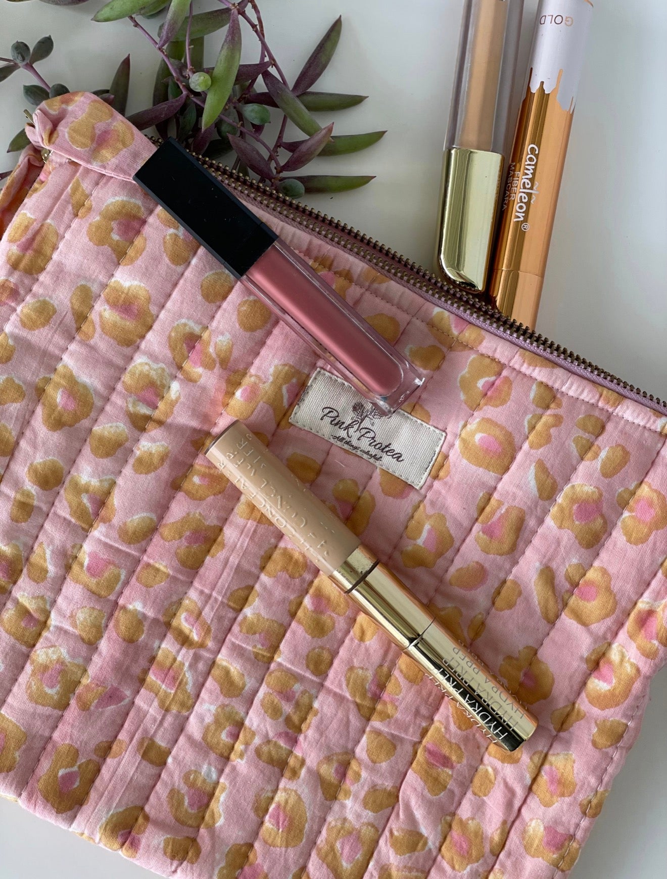 Pink Protea - Quilted Make Up Bag