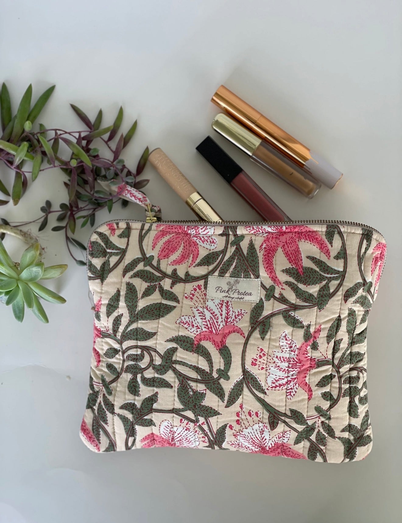Pink Protea - Quilted Make Up Bag