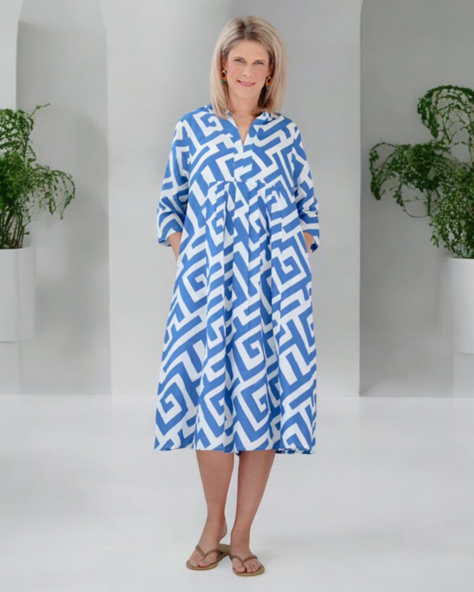 Frock ń Roll - Audrey Front Pleat Dress Blue Geometric