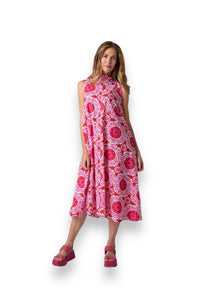 Iconic - High Neck Tie dress, pink & white circles